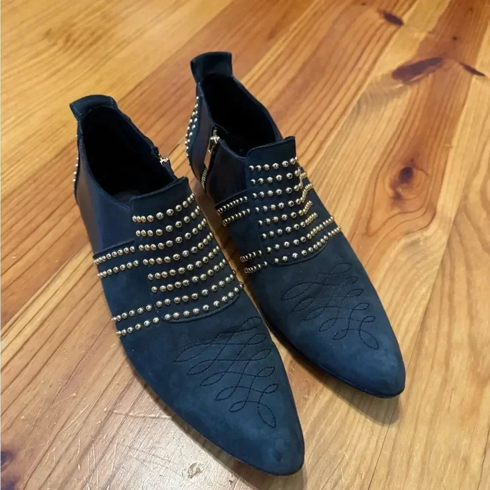 ANINE BING Charlie Low Ankle Boots SZ 38/7 Black Suede Gold Stud Embellishments